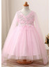 Long Sleeves Pink Pearl Embellished Flower Girl Dress